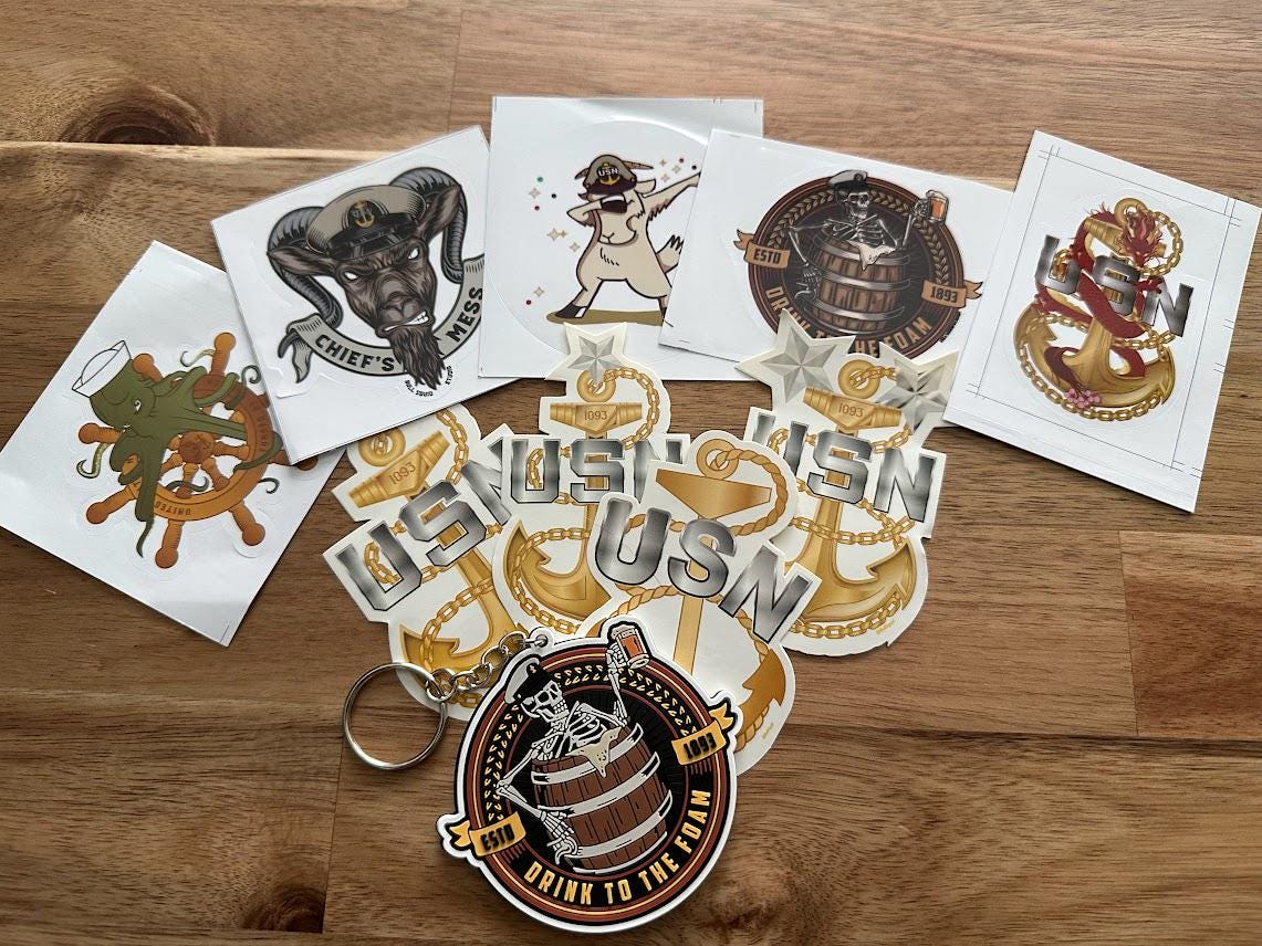 US NAVY Chief Skeleton Barrel Keychain and sticker pack