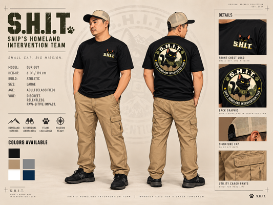 S.H.I.T. — Snip’s Homeland Intervention Team | Charity T-Shirt | Small Cat. Big Mission.